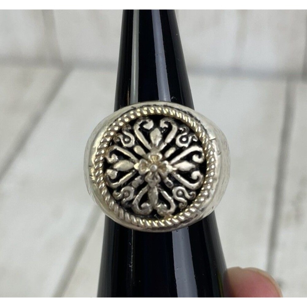 Signed AE Art's Elegance 925 Sterling Silver Scroll Design Hammered Ring Sz 6.25